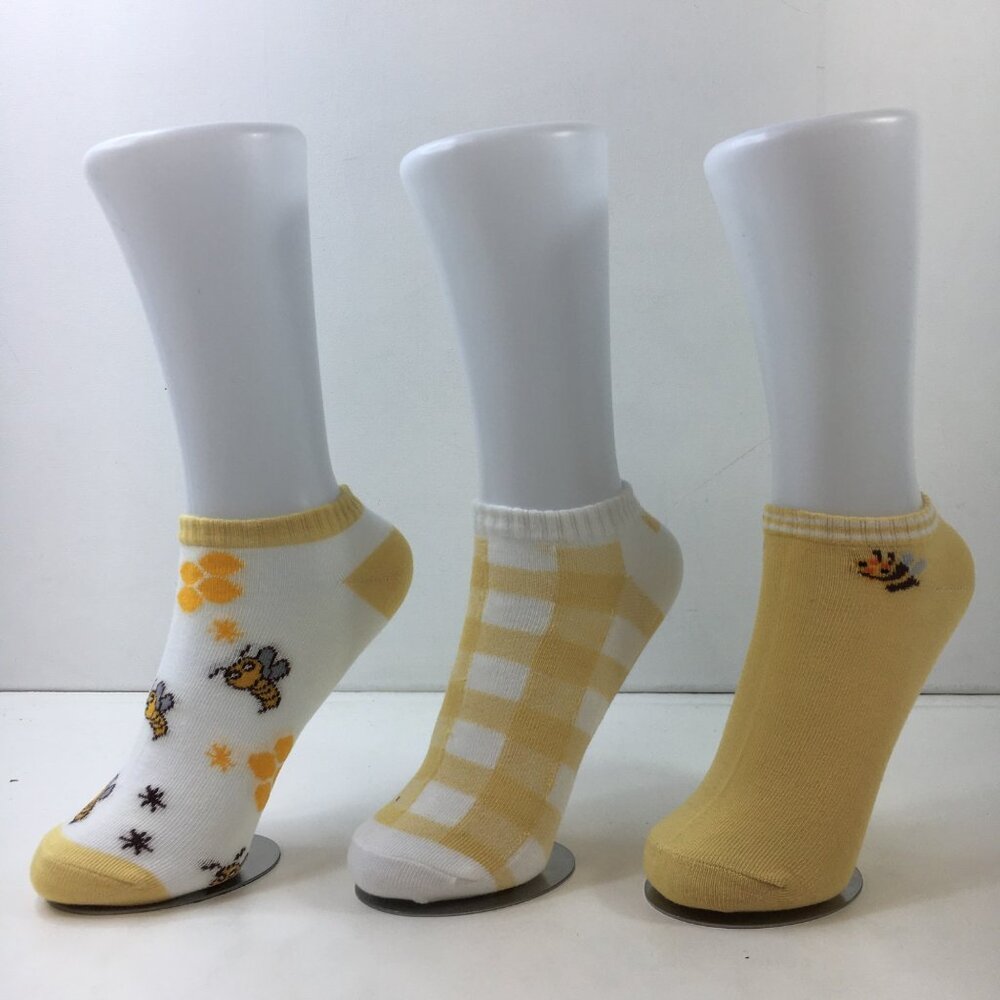 Womens Ankle Socks Set 3 Bee Print Checkered Yellow White Black